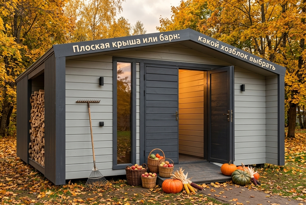 Современный хозблок с плоской кровлей рядом с хозяйственной постройкой в стиле барнхаус