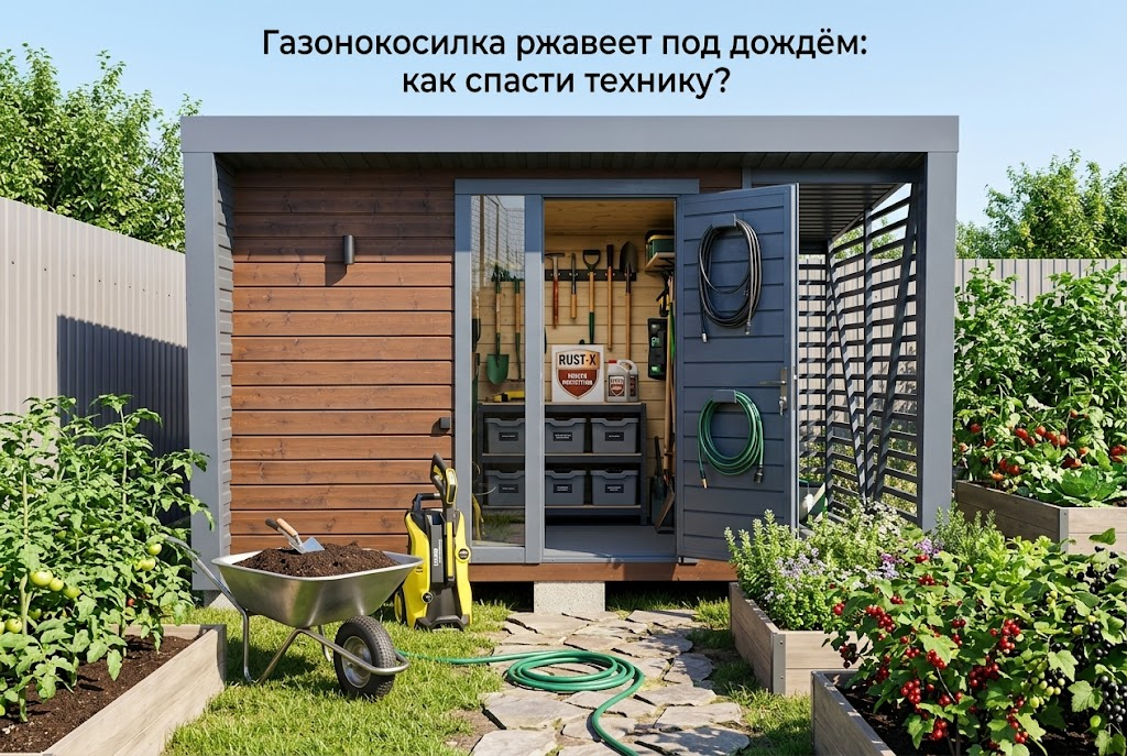 Газонокосилка в сухом сарае защищенная от ржавчины
