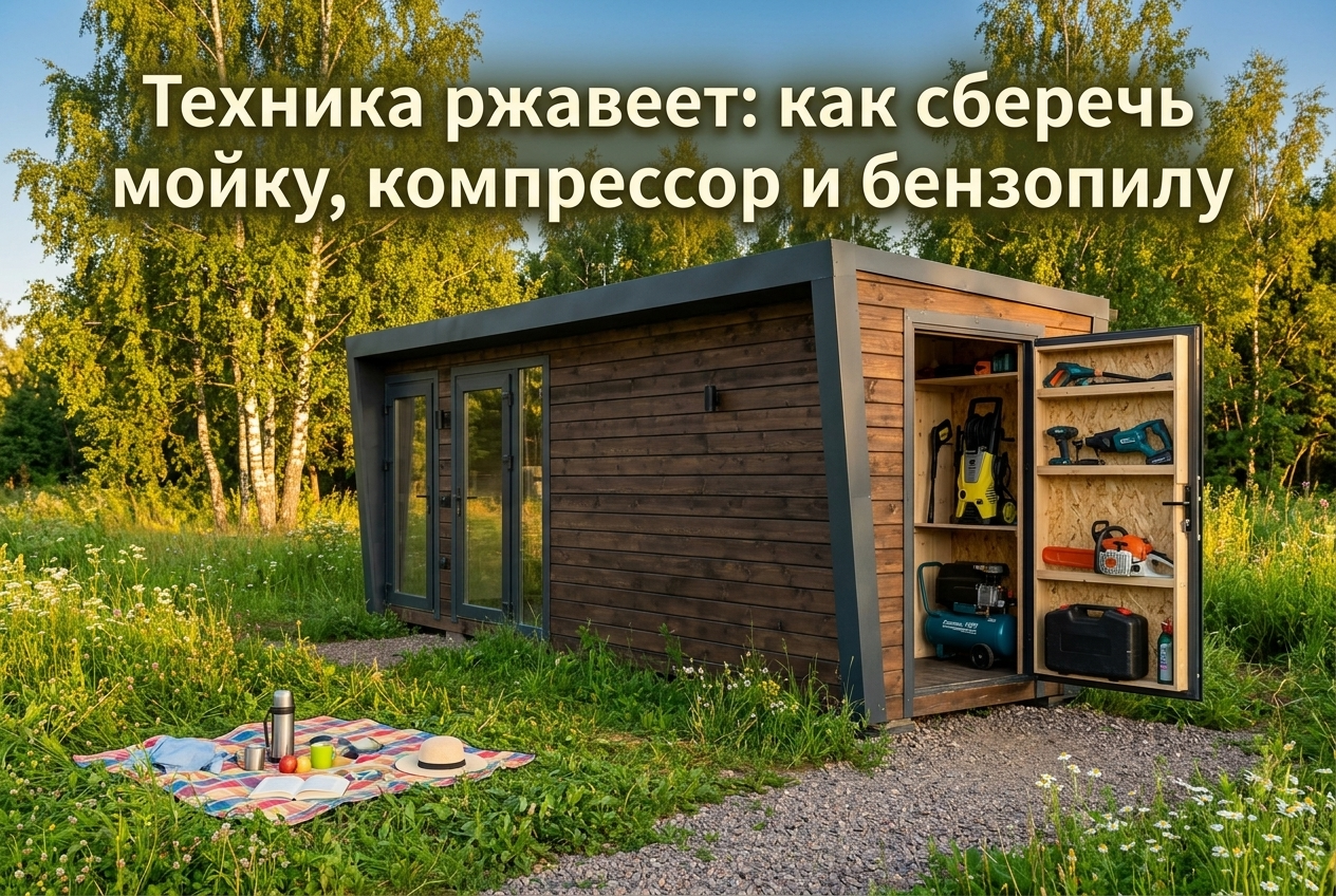 Мойка высокого давления, воздушный компрессор и бензопила на полках в гараже