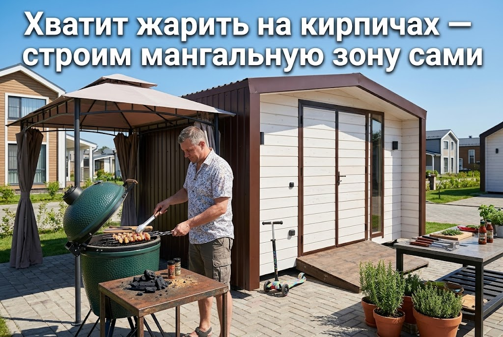Обустроенная мангальная зона на дачном участке с беседкой и зоной для отдыха