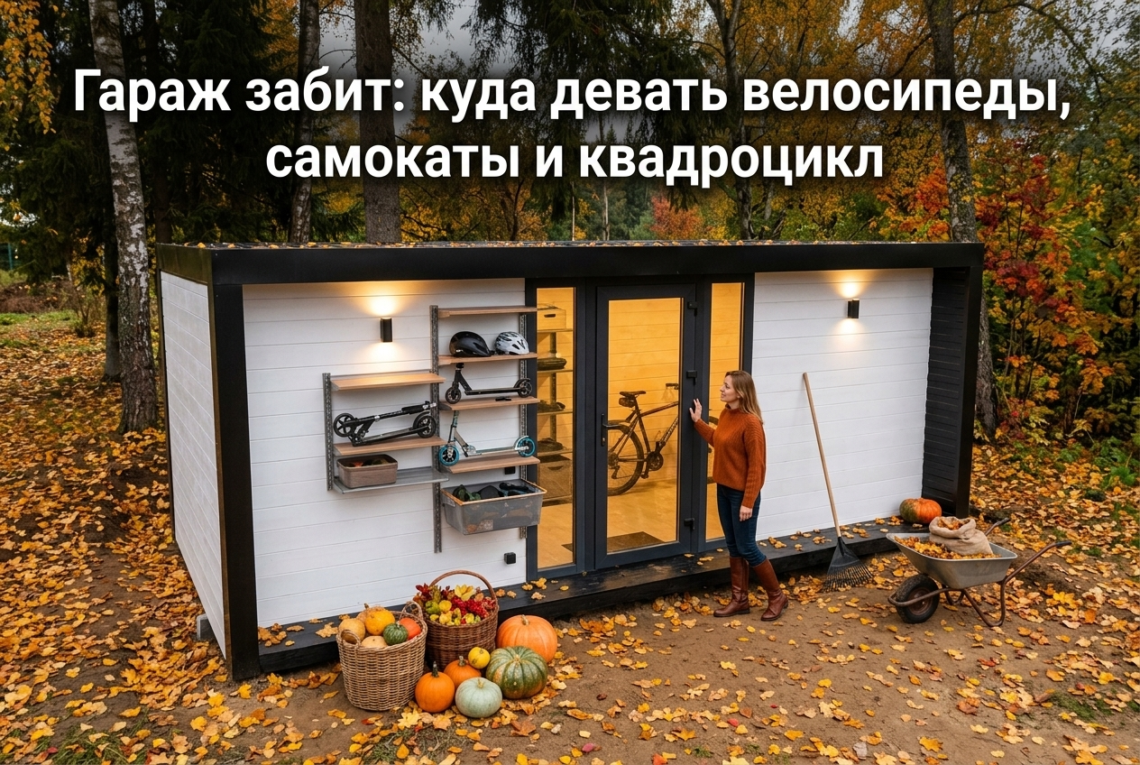 Мини-гараж из хозблока для хранения велосипедов, самокатов и квадроцикла