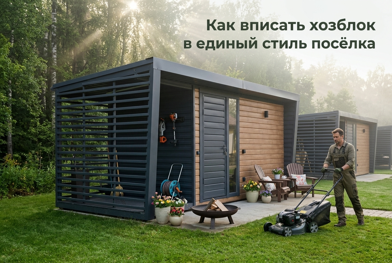 Современный проект хозблока в едином архитектурном стиле для коттеджного посёлка