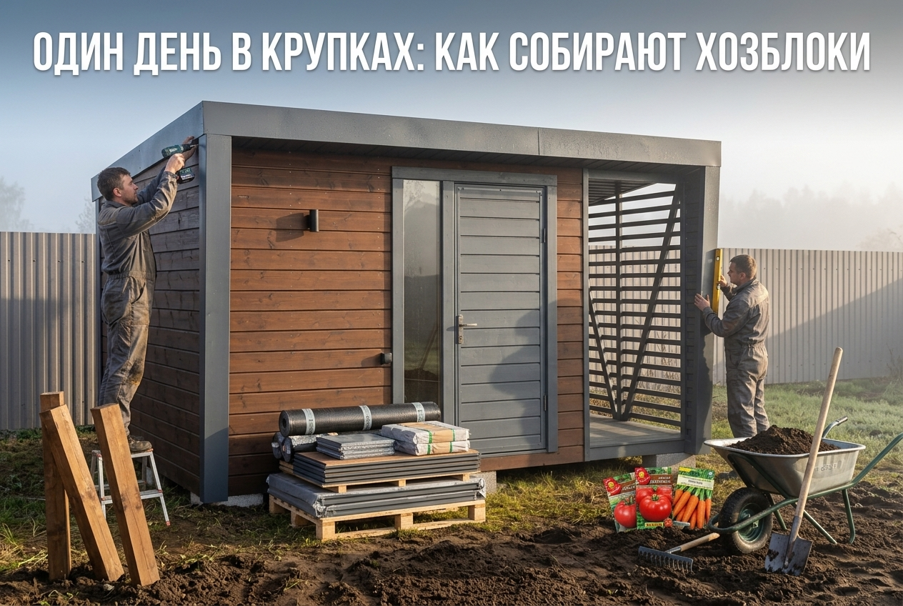 Процесс изготовления деревянных хозблоков мастерами в городе Крупки