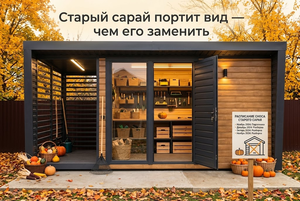 Демонтаж ветхого сарая на дачном участке и проект современной хозяйственной постройки