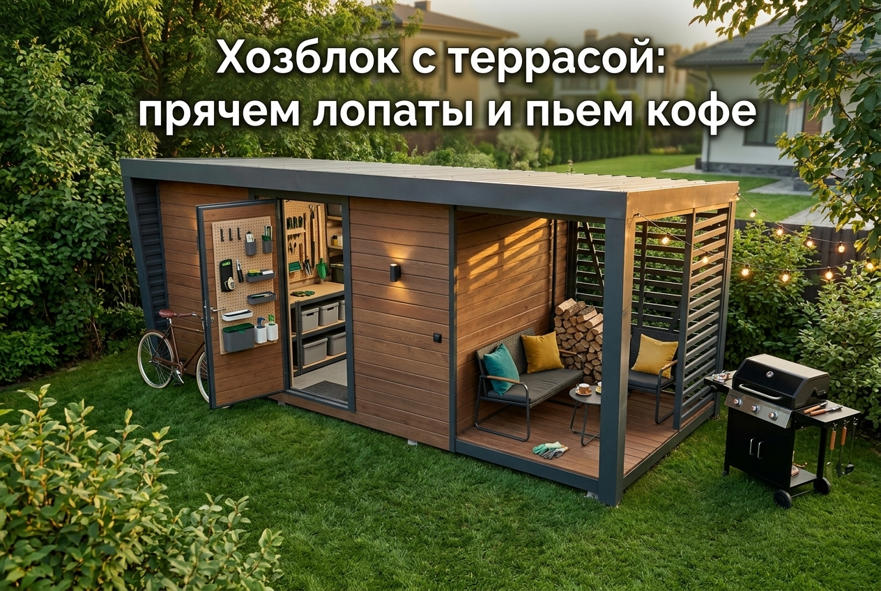 Уютная зона отдыха с деревянной террасой, пристроенной к хозяйственному блоку на дачном участке