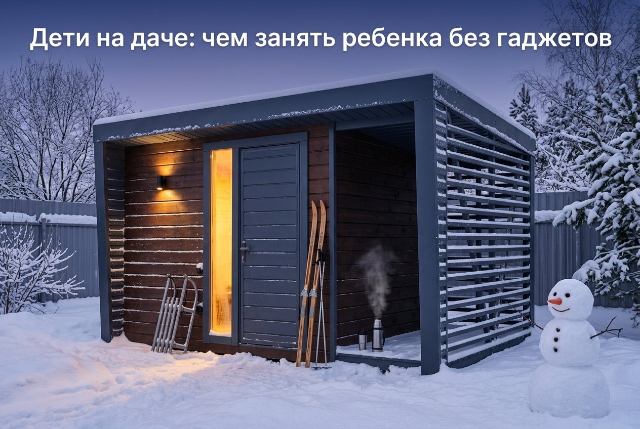 Дети играют на деревянной детской площадке на дачном участке