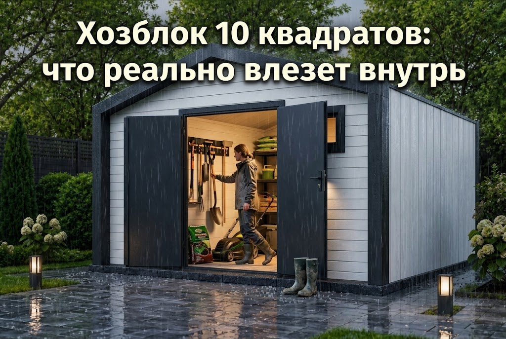 Интерьер хозяйственного блока площадью 10 квадратных метров с полками и инструментом