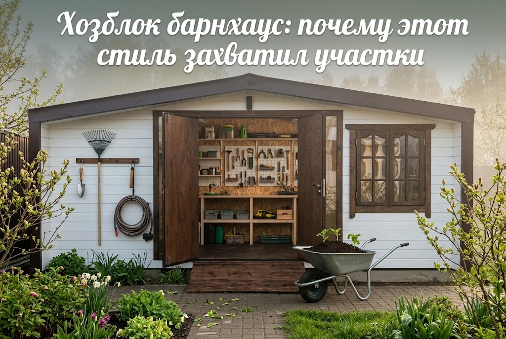 Хозблок в стиле барнхаус с отделкой деревом и панорамным остеклением