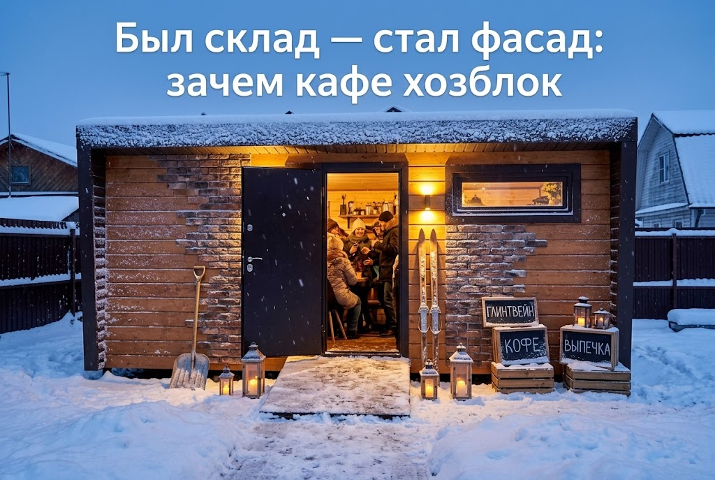 Современный деревянный хозблок рядом с небольшим кафе и магазином