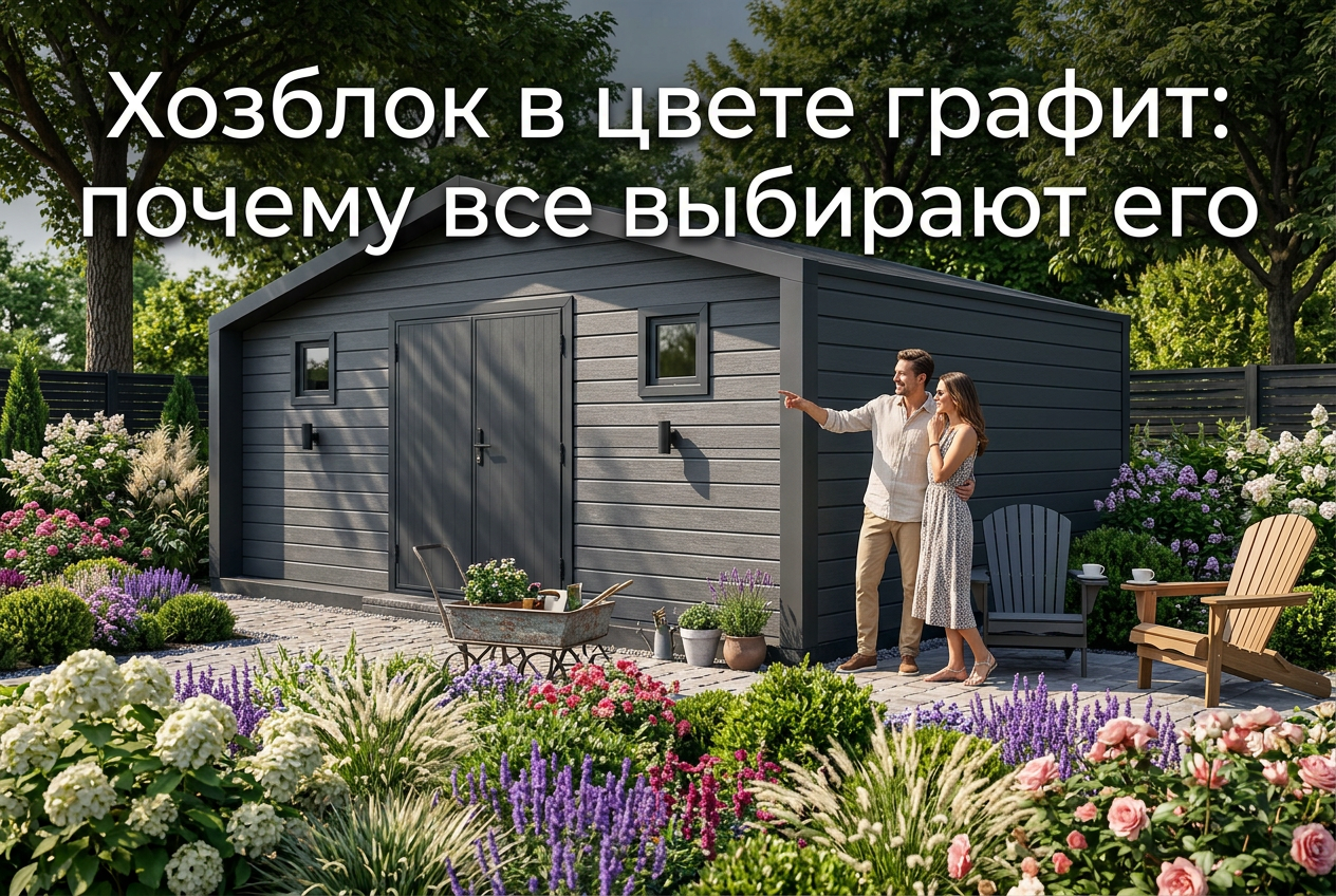 Металлический хозблок цвета графит RAL 7024 на дачном участке
