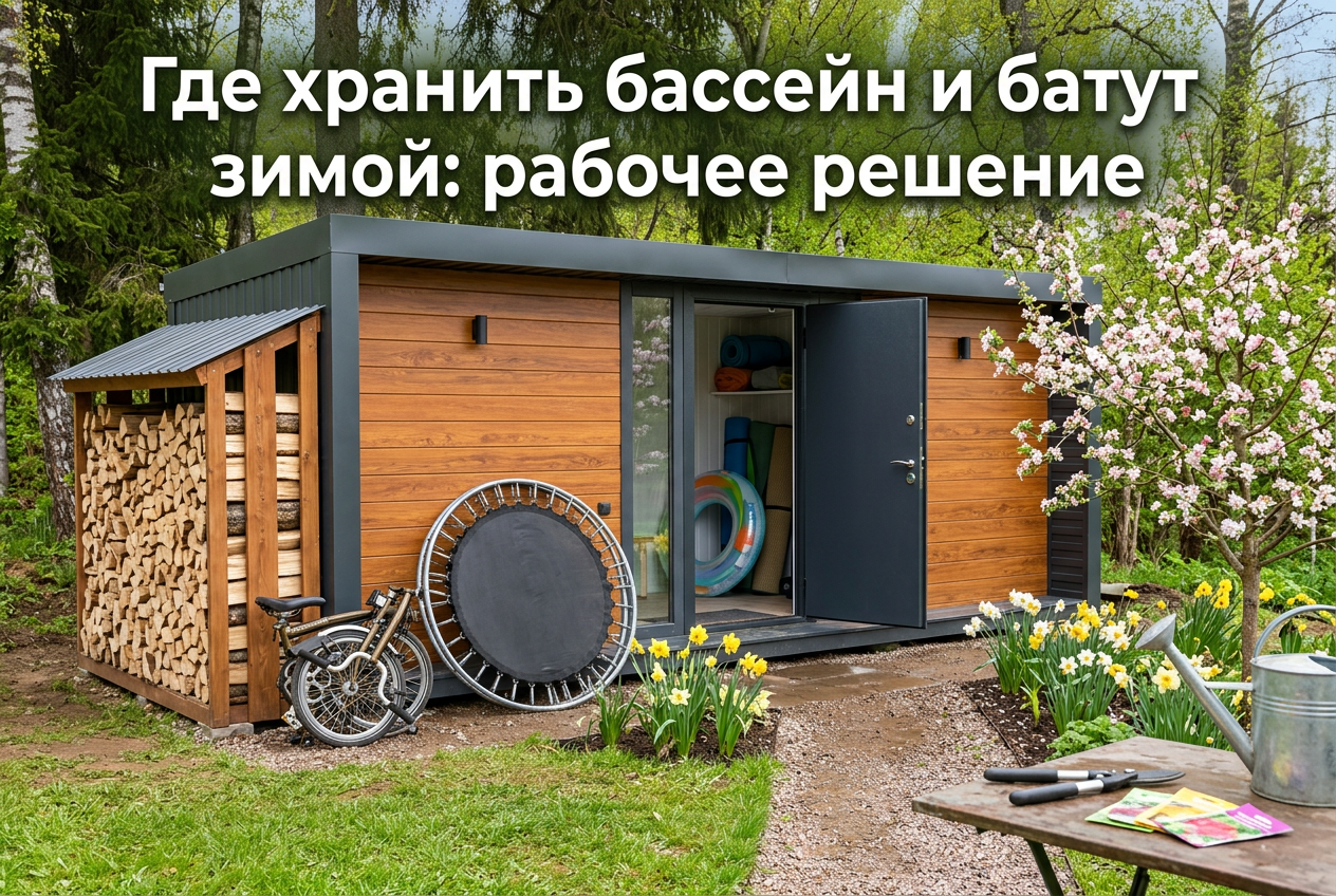 Сложенный каркасный бассейн, батут и шезлонги подготовленные к зимнему хранению