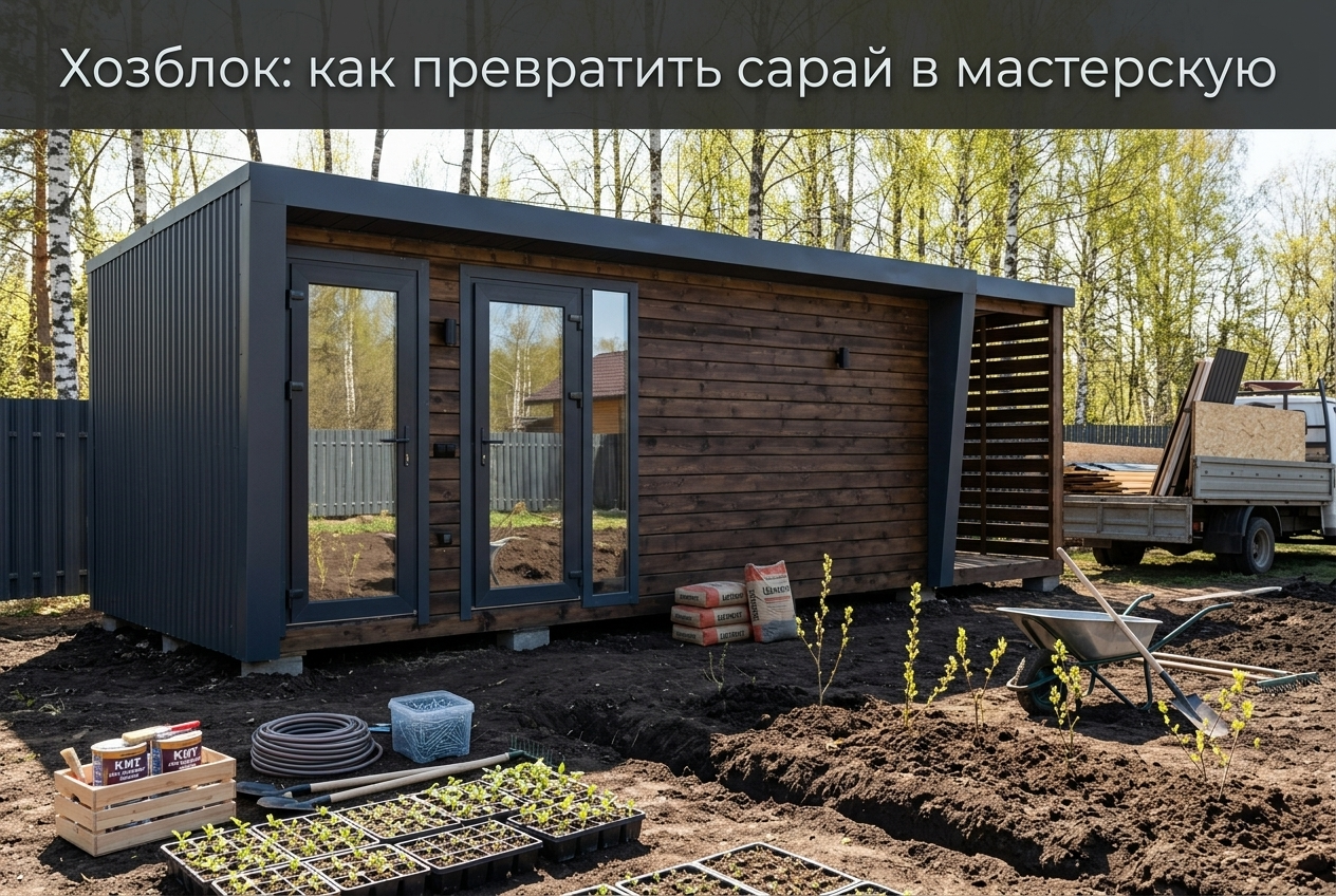 Интерьер обустроенного хозблока с зонами для художника, столяра и механика