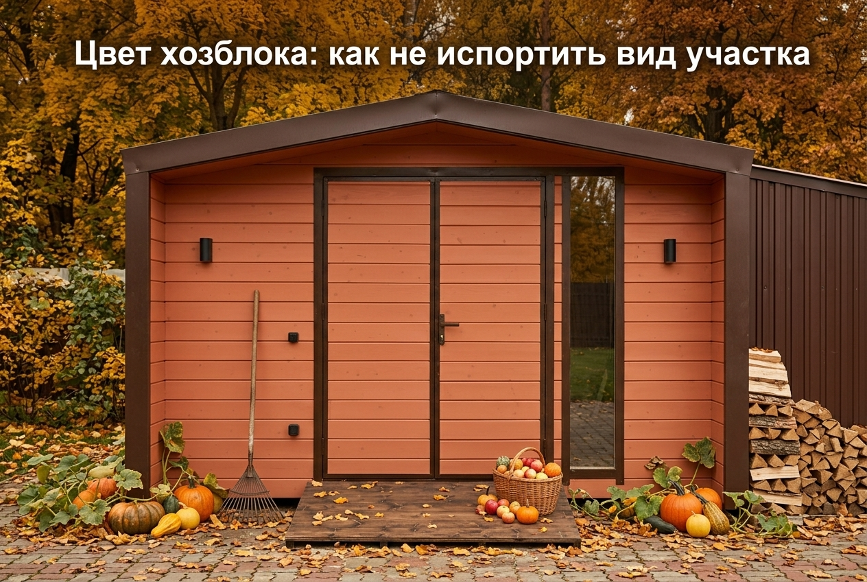 Покрашенный деревянный сарай в цветовой гамме дома и забора