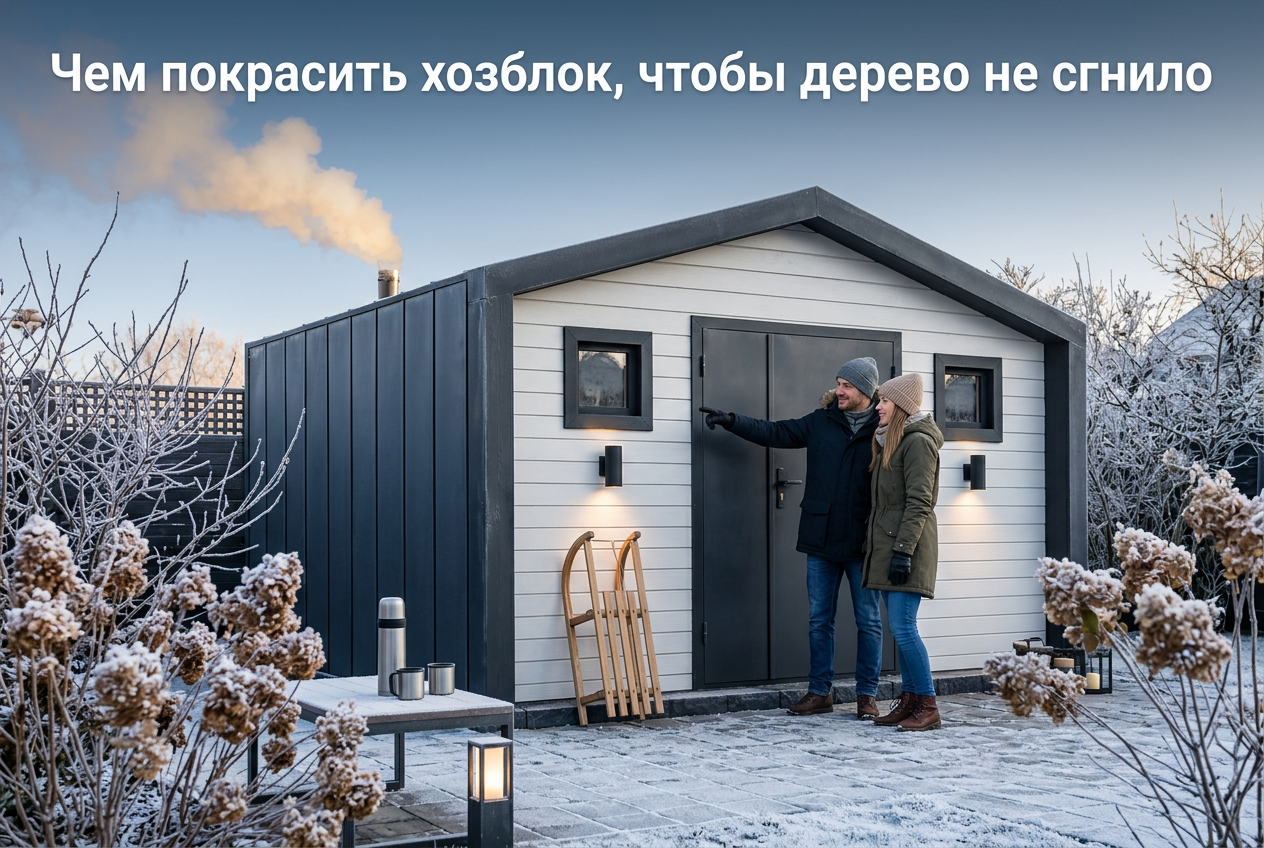 Процесс обработки деревянного хозблока антисептиком и краской