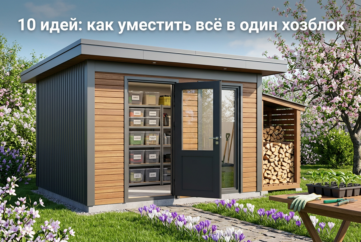 Пример обустройства хозблока внутри с использованием систем вертикального хранения и стеллажей