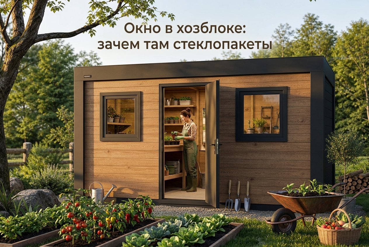 Пластиковое окно со стеклопакетом установленное в современном хозблоке