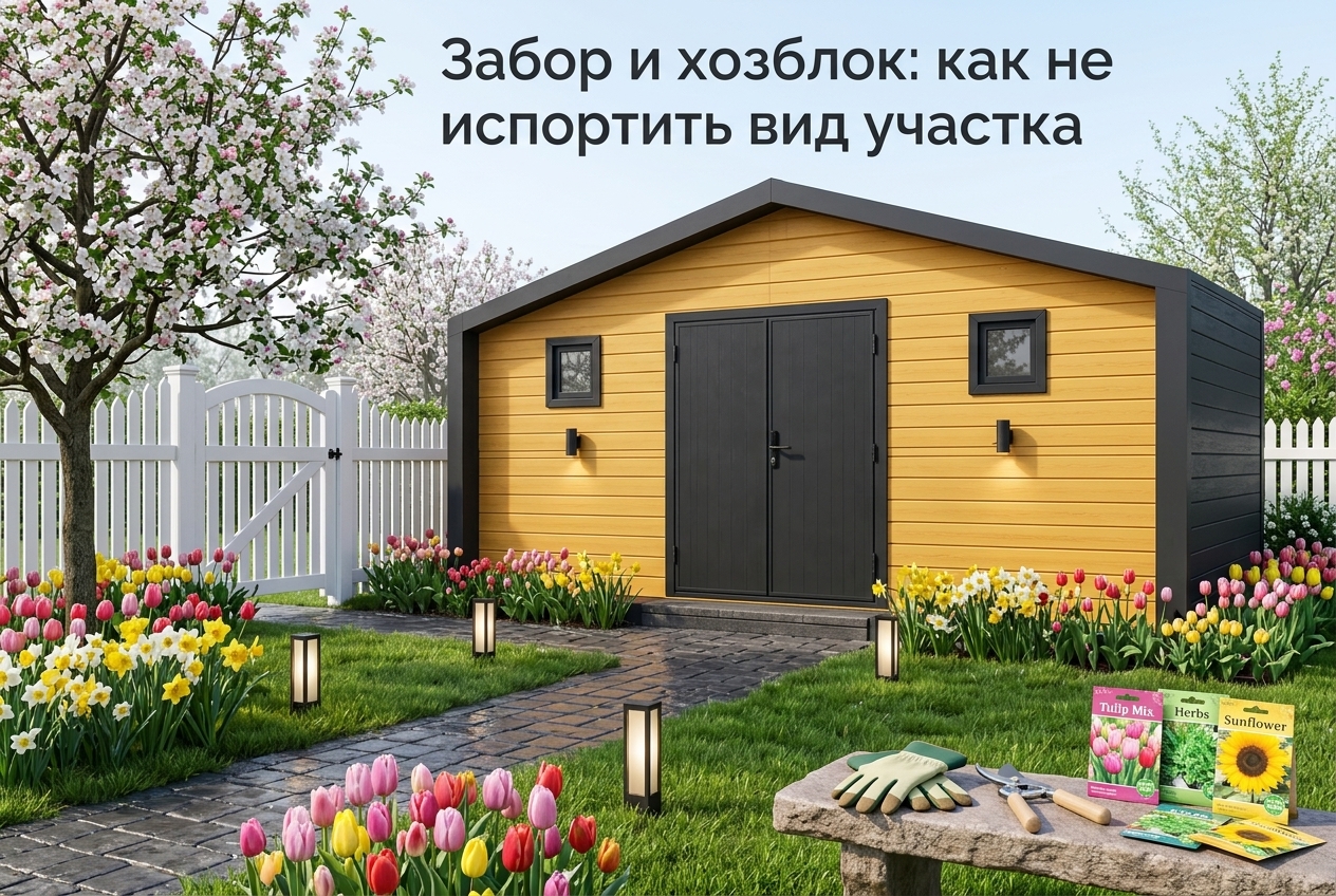 Современный забор с въездными воротами и аккуратным хозблоком на участке